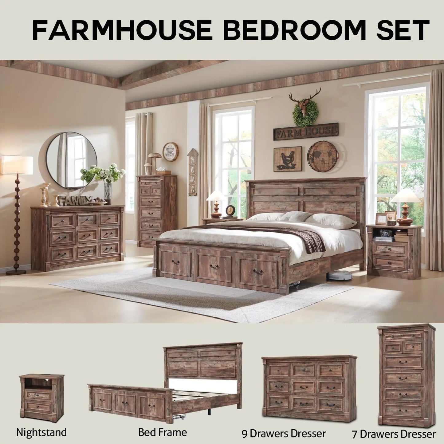 Farmhouse King Size Bed Frame with Roman Column Decoration,with 51" Tall Headboard, Wood Bed Frame with 20" Tall Footboard.