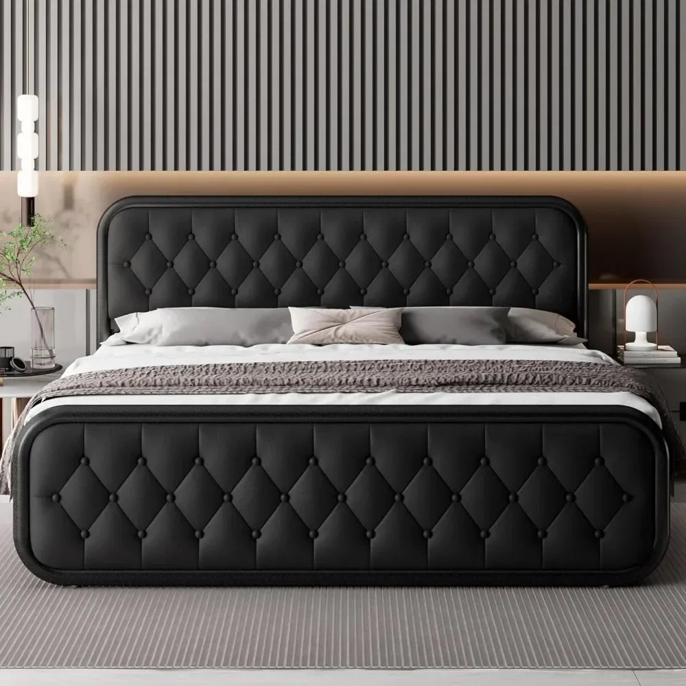 Bed Frame Heavy Duty King Size or Queen Size or Full Size Bed Frame With Faux Leather Headboard Bedroom Furniture 12" Under-Bed Storage Black