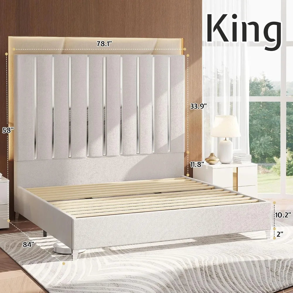 Bed Frame King Size or Queen Size, 58" Tall Headboard, Silver Plating Trim, Sturdy Beds No Box Spring Needed,Velvet Upholstered Platform Bed Frame