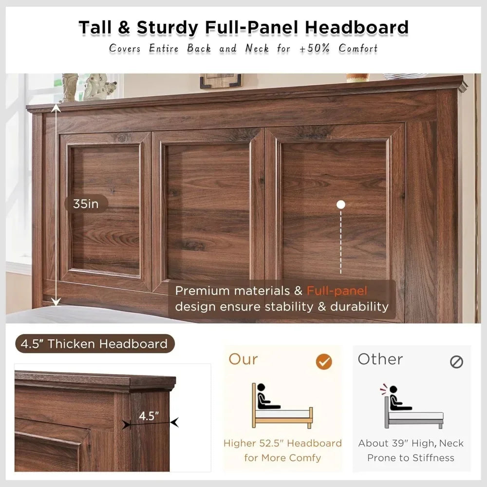 Bed Frame Queen or Full size with 52" Tall Full-Panel Headboard, Wood Platform Bedframe with Footboard and Storage Drawers, No Squeak, No Box Spring Needed