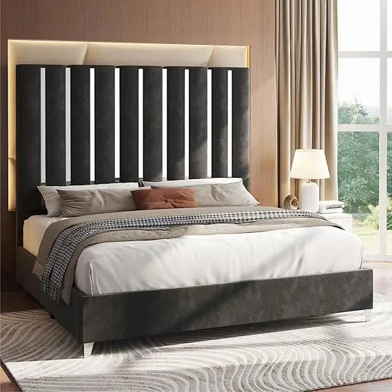 Bed Frame King Size or Queen Size, 58" Tall Headboard, Silver Plating Trim, Sturdy Beds No Box Spring Needed,Velvet Upholstered Platform Bed Frame