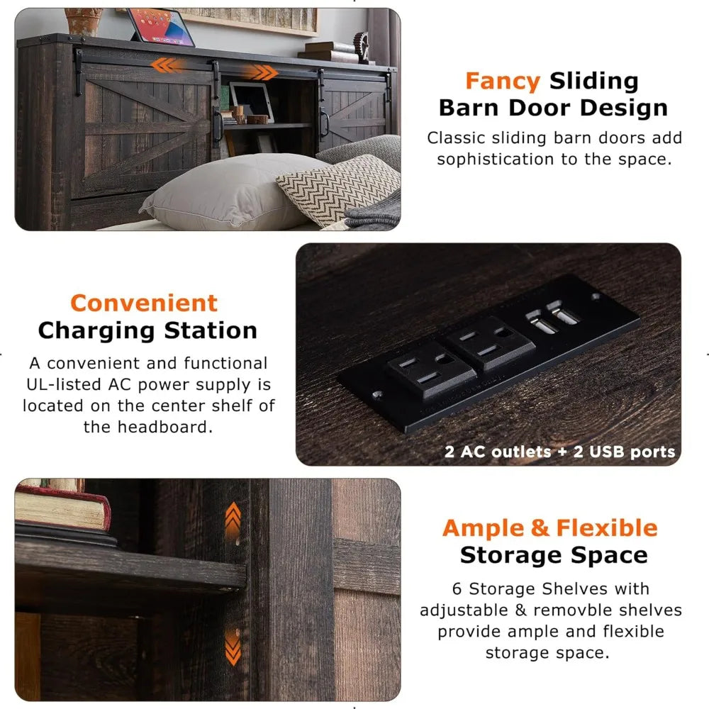 Bed Frame King Size or Queen Size W/Storage Bookcase Headboard, Charging Station, Wood Slats Support, No Box Spring Needed, Wood Platform Bed