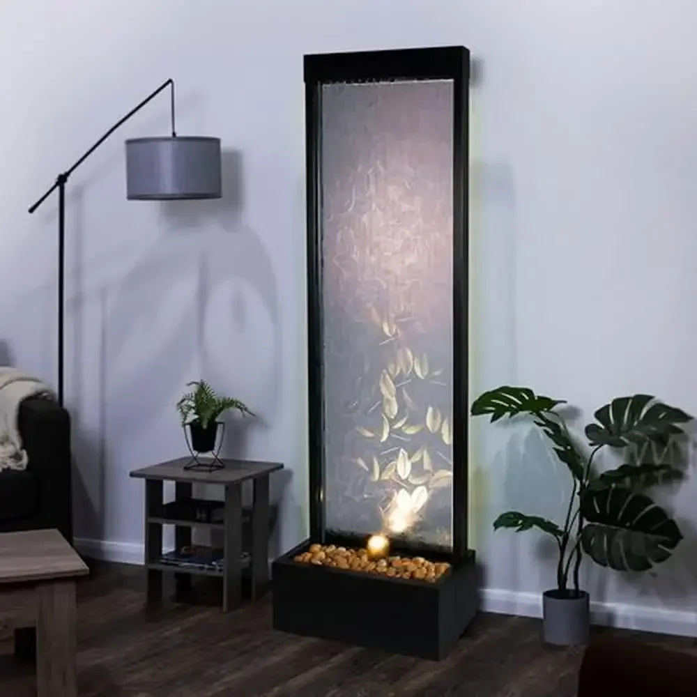 Modern Glass Panel Fountain with LED Light 72" Indoor/Outdoor Waterfall Embossed Leaves Design Relaxing Water Sounds Durable