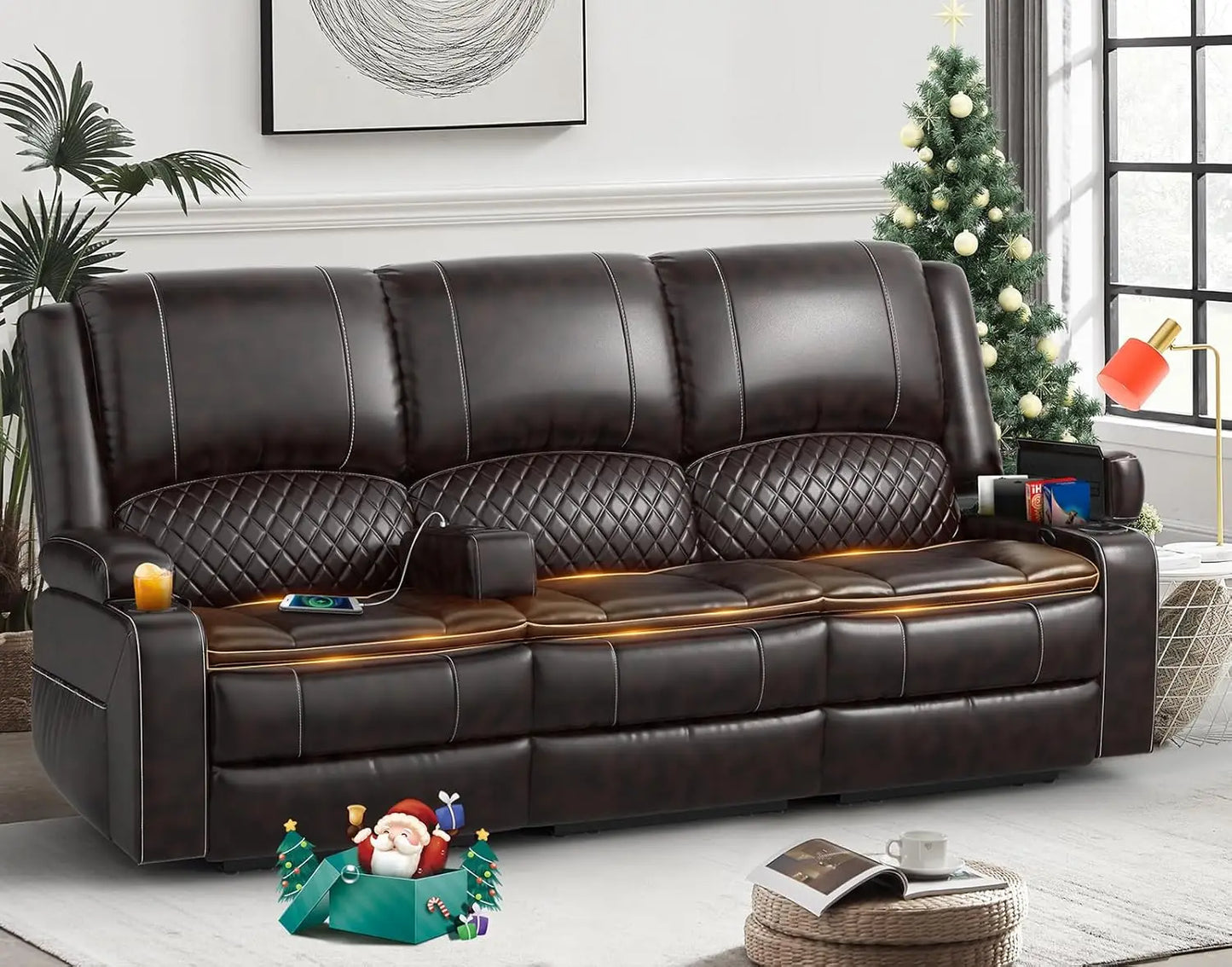 Living Room Recliner Sofa, 3-Seater Manual Reclining Sofa with 2-Tier Cushion, Reclining Couches for Living Room with Removable Console