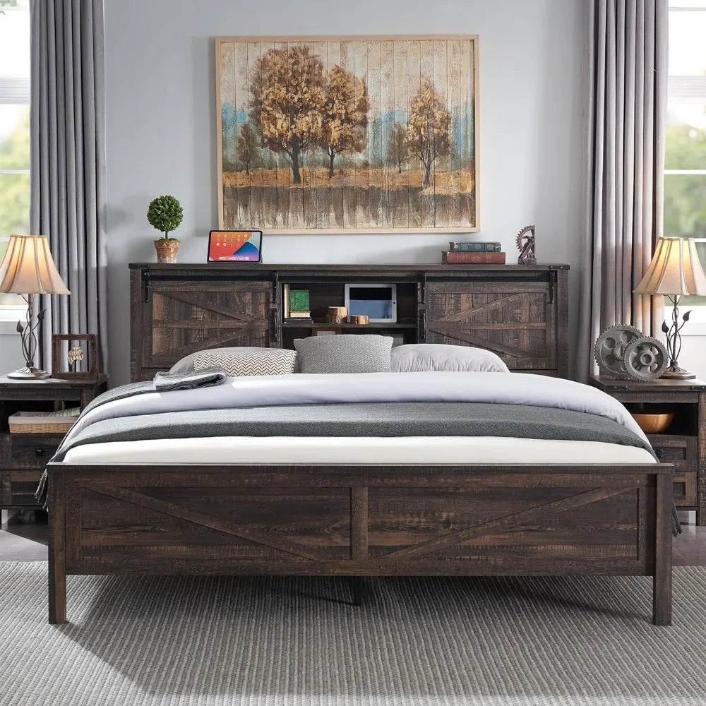 Bed Frame King Size or Queen Size W/Storage Bookcase Headboard, Charging Station, Wood Slats Support, No Box Spring Needed, Wood Platform Bed