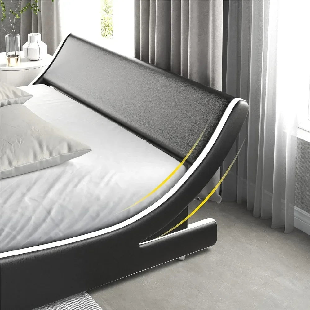 Soft padded oversized platform King Size bed frame, sled bed, artificial leather headboard, wooden board support, easy to assemble