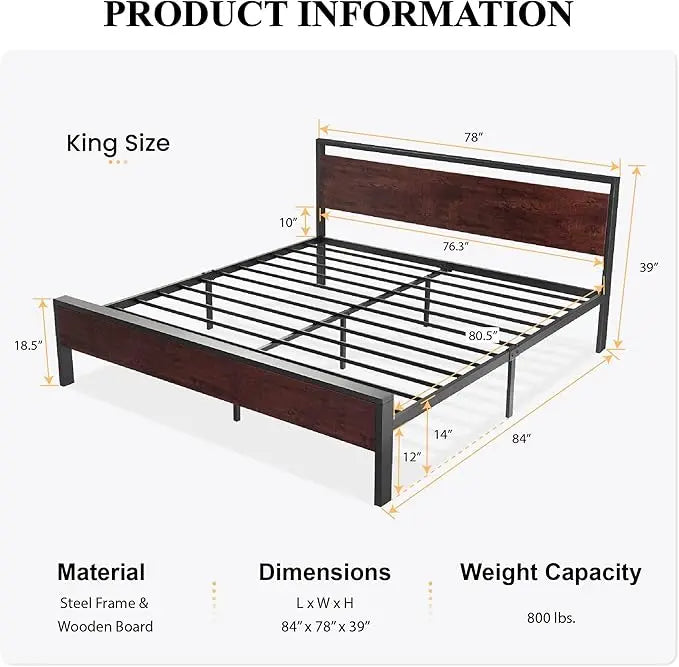 Bed Frame Metal Platform King Size, Queen Size or Full Size with Wooden Headboard and Footboard, Mattress Foundation, No Box Spring Needed