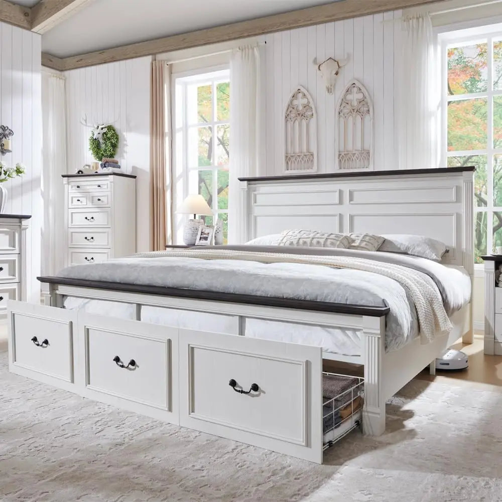 Farmhouse King Size Bed Frame with Roman Column Decoration,with 51" Tall Headboard, Wood Bed Frame with 20" Tall Footboard.