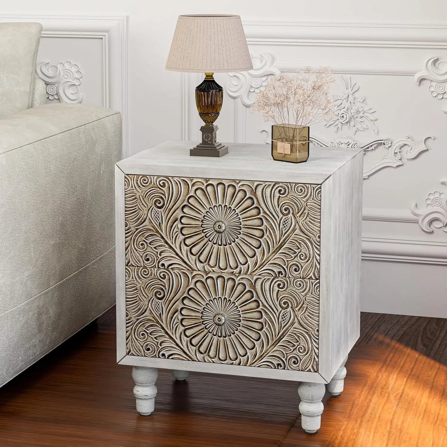 Bedside Table  Floral-Design Pair,  2-Tier Drawers Sets, Wood Grain Nightstand, Small Accent Table with Pattern Drawer Side Table Bedroom