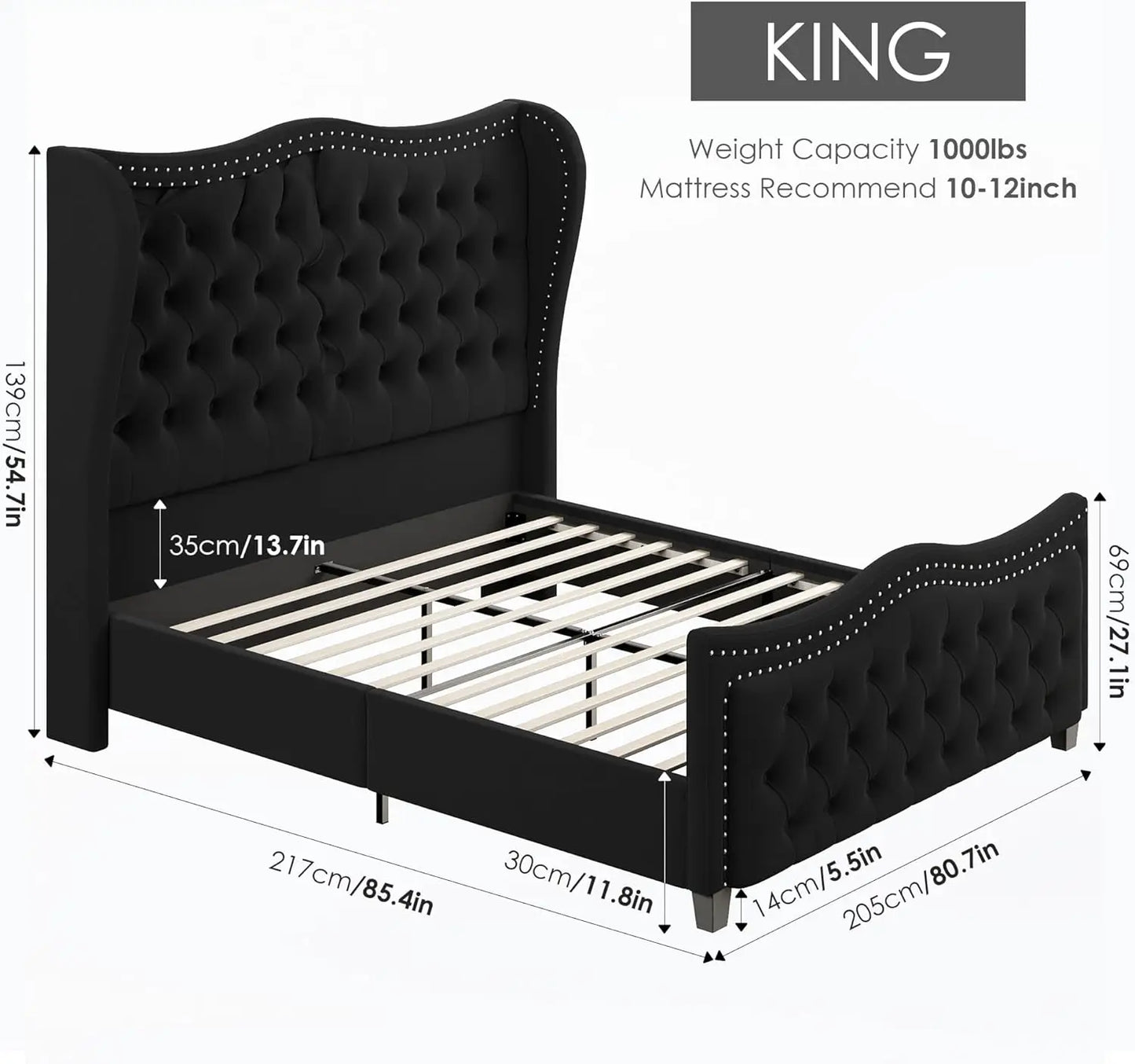 Bed Frame King Size 55" Headboard Upholstered Bed with Tall Footboard Velvet Handmade Pleats Deep Button Tufted Wingback Platform Bed