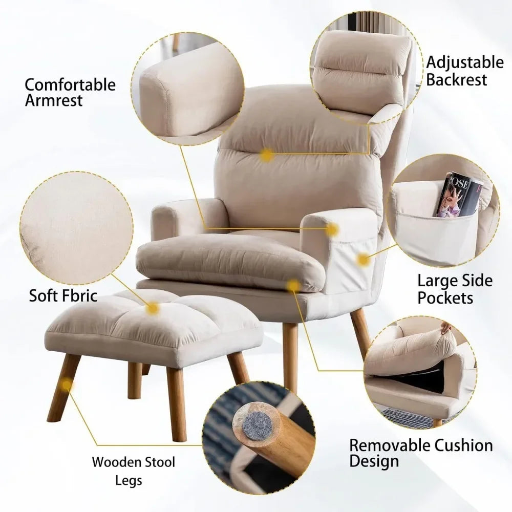 Chair Modern Accent Chair with Ottoman, Soft Fabric Armchair with Adjustable Backrest and Side Pockets, Comfy Lounge Chair