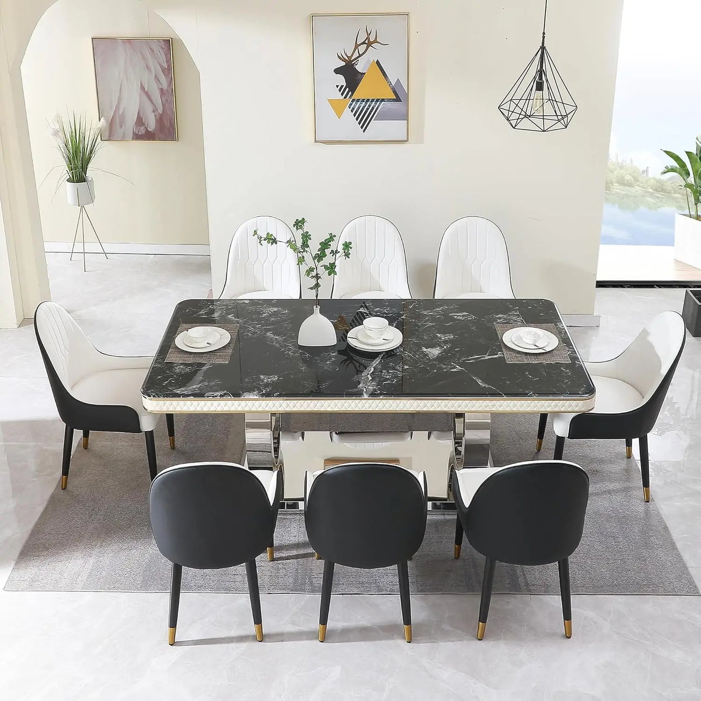 Dining Room Set 7 or 9 Piece  with 79"Luxury Marble Table, Rectangular Stone Table with 8 Black White Dining Chairs Dining Table