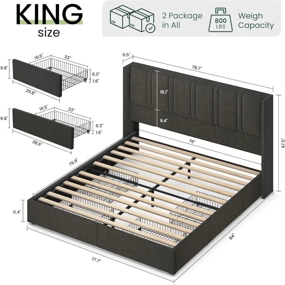 Wingback Headboard King Size or Queen Size, Linen Upholstered Platform Bed Frame with Wooden Slats, Easy Assembly