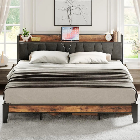 Bed Frame King Size Bed, Headboard with Charging Station Solid and Stable Noise Free, with Storage, No Box Spring Needed Easy Assembly