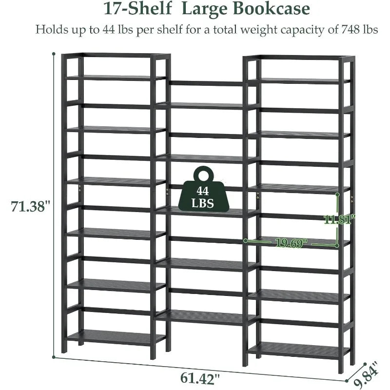 Bookshelves and Bookcases, Bamboo Triple Wide, 6-Tier 6ft Tall Bookshelf with 17 Open Display Shelves, Super Large