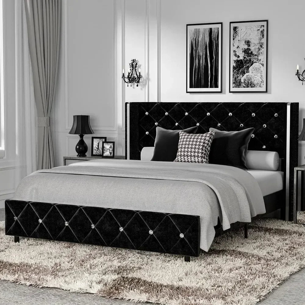 Bed Frame King Size or Queen Size or Full Size with Wingback, Upholstered Beds Frames with Diamond Tufted Headboard and Footboard, No Box Spring Needed