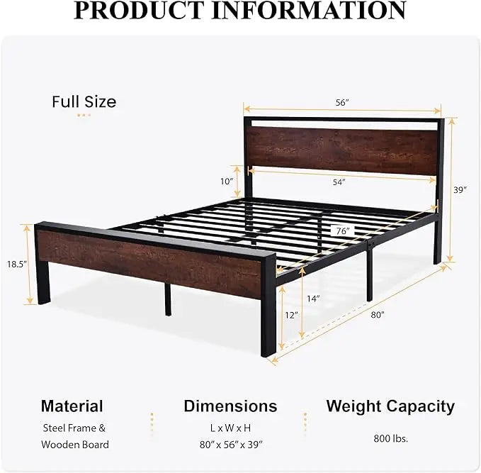 Bed Frame Metal Platform King Size, Queen Size or Full Size with Wooden Headboard and Footboard, Mattress Foundation, No Box Spring Needed