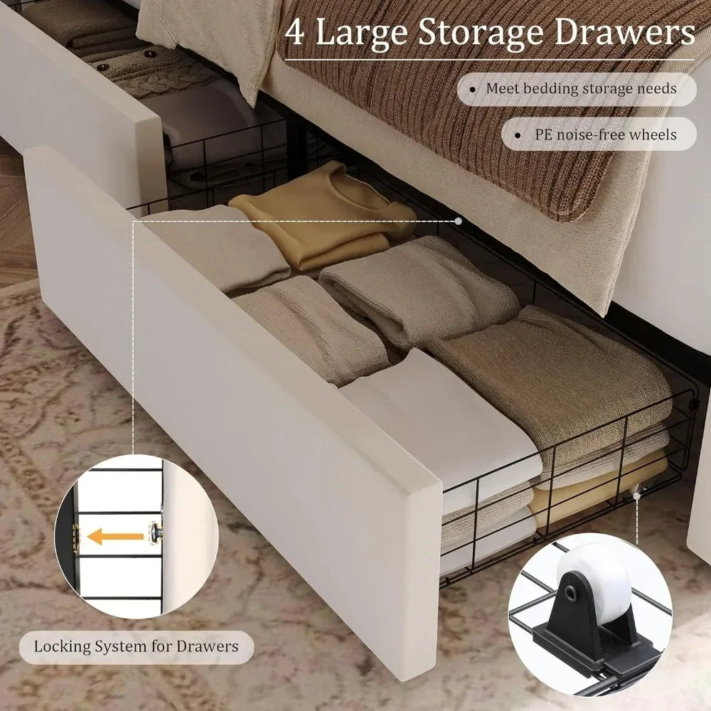 Bed Frame King LED with 4 Storage Drawers, Modern Velvet Upholstered Platform Bed with 55 Tall Heart Shaped Headboard, Beige Bed