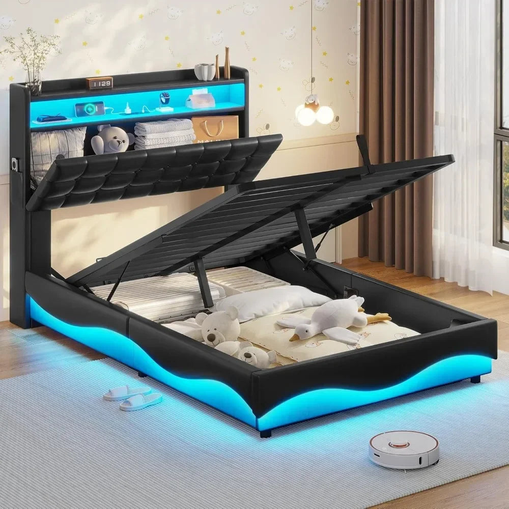 Bed Frame Queen or Full Size, Bed with Type-C Charging Station & Hidden Storage Headboard, LED Lights Upholstered Platform Bed,  With Hydraulic