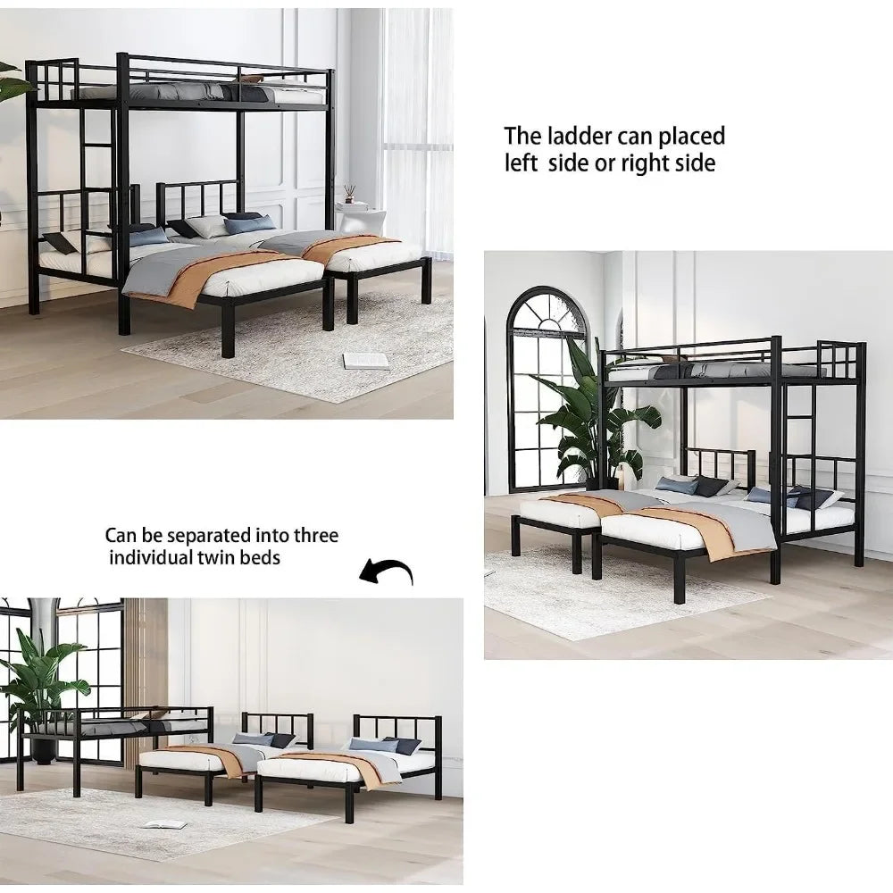 Bunk Beds Black Metal Triple Frame, Twin Over Twin & Twin Bunk Bed with Guardrails, Can Be Separated into 3  Beds for Kids, Bed Frames Only