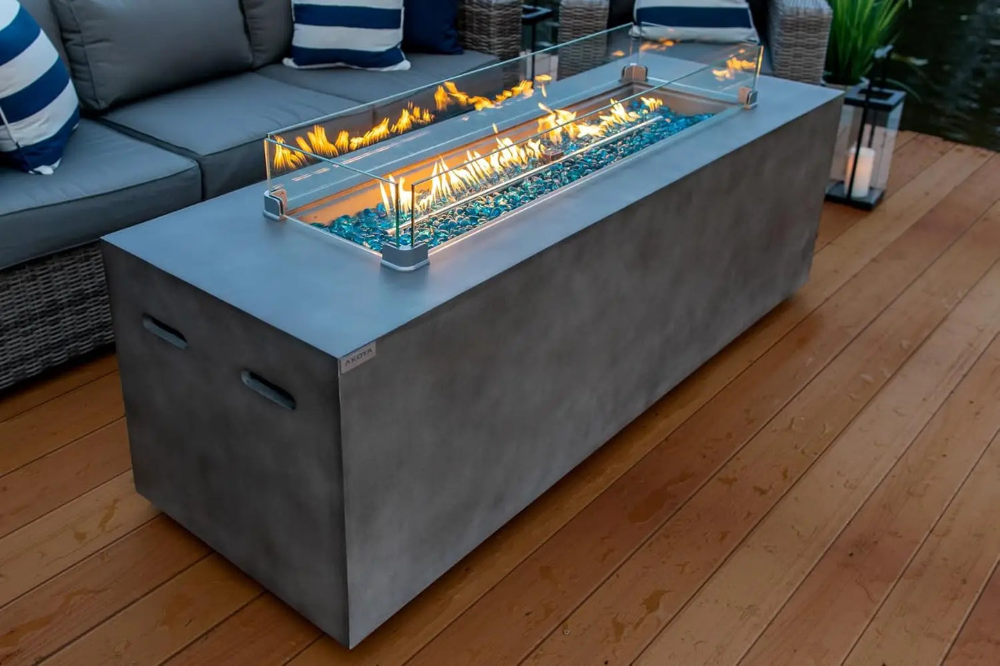 Linear Rectangular Modern Concrete Fire Pit Table w/Glass Guard and Crystals (Gray) 24"D x 70"W x 24"H