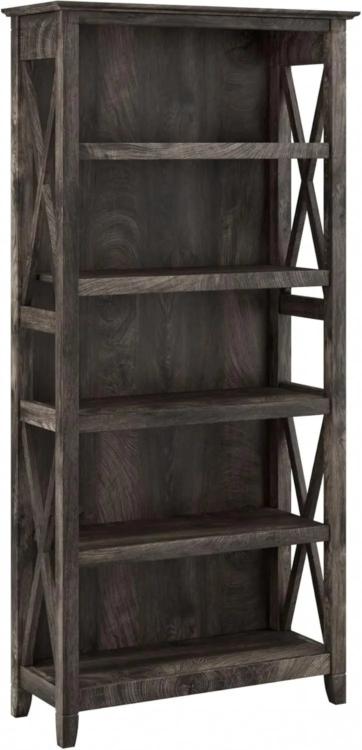 Bookcase Tall 5 Shelf  for Living Room or Home Office, Large Bookshelf, Modern Farmhouse Style, Key West Collection, Bing Cherry