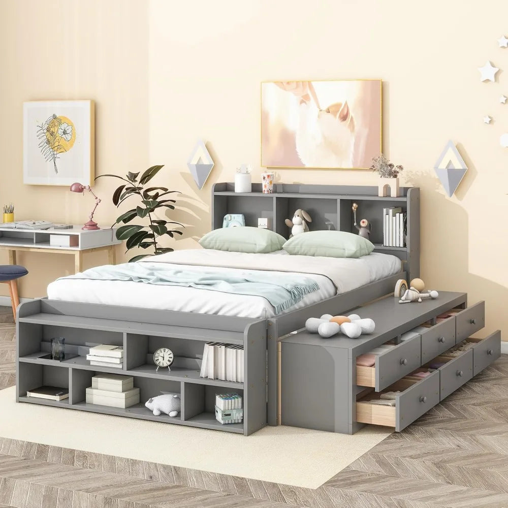 Bed Frame Wood Full Size with Storage, Bookcase Headboard, Platform Bed with 6 Storage Drawers, with Cabinet