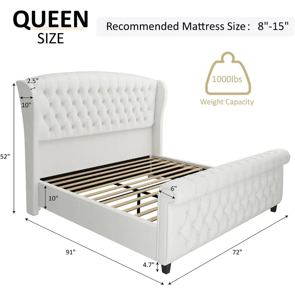 Bed Frame King Size or Queen Size Platform with Scroll Wingback Headboard & Footboard No Box Spring Required, Chenille Upholstered Sleigh Bed