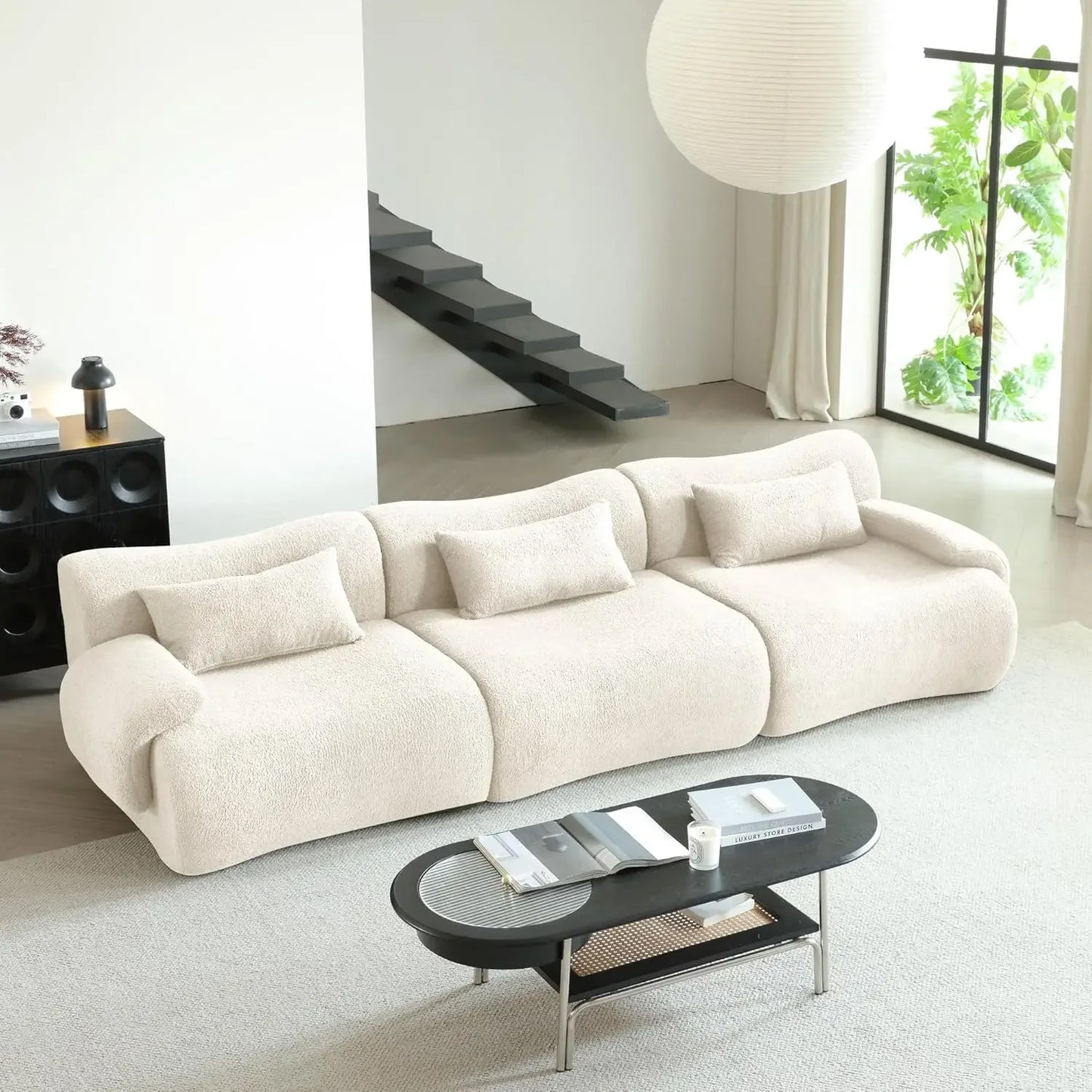 Living Room Sectional Sofa 4-Seater Sectional Couch Luxury Modern Cloud Couch with Oversized Bamboo Shaped Sofa Comfy Fluffy Boucle Sofa