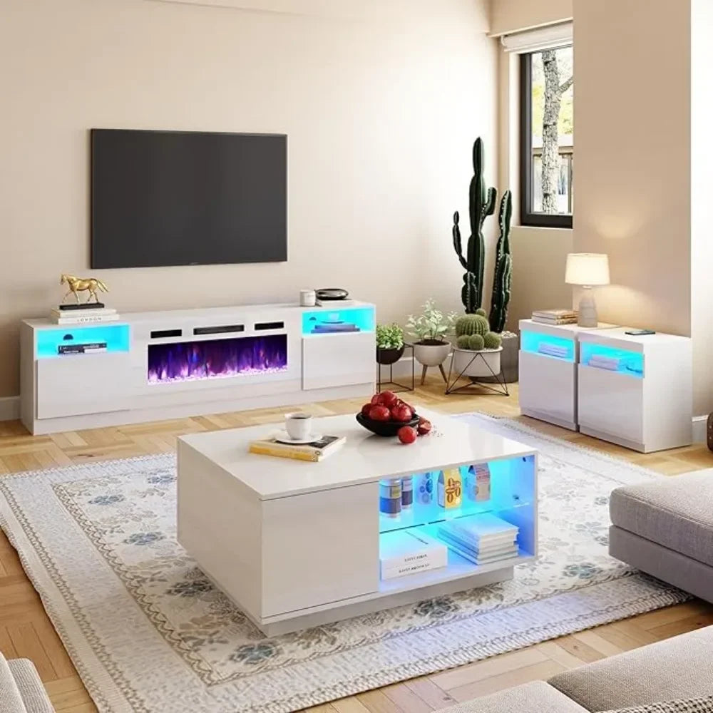 Living Room 4-Piece Table Set, 80" Fireplace TV Stand, Coffee Table & 2 End Tables, LED Light with Charging Station, White