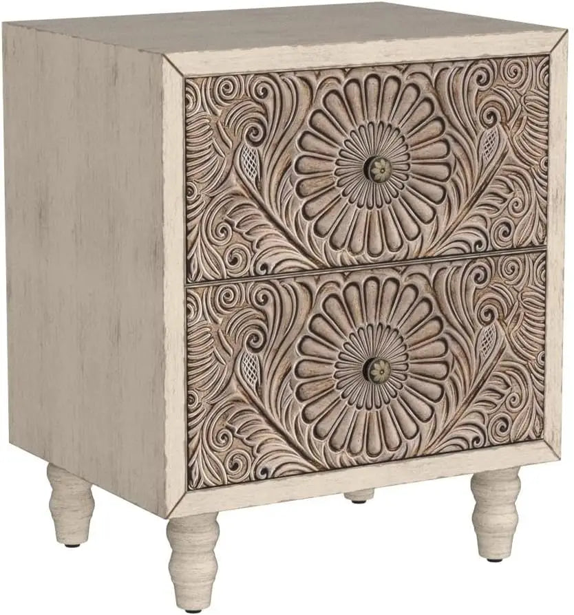 Bedside Table  Floral-Design Pair,  2-Tier Drawers Sets, Wood Grain Nightstand, Small Accent Table with Pattern Drawer Side Table Bedroom