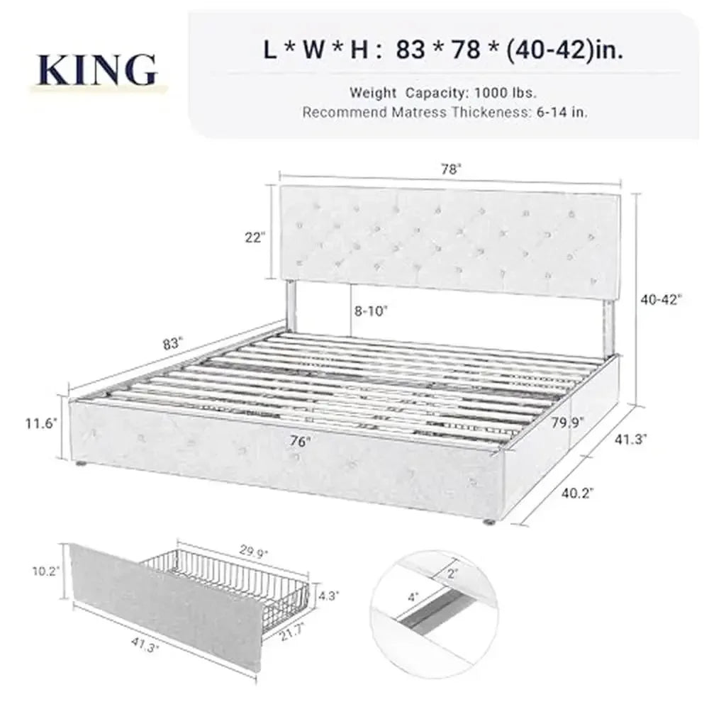 Bed Frame King Size Upholstered Platform with 4 Storage Drawers and Adjustable Headboard Modern Diamond Stitched Button-Tufted