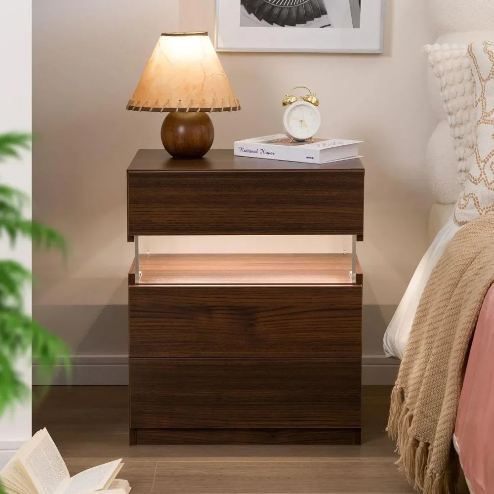 End Table or Nightstand, 3 Drawers Modern  Bedside Table End Side Table for Bedroom LED Night Stand