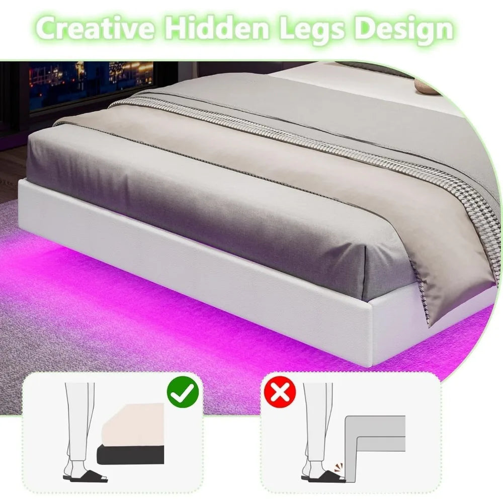 Floating Bed Frame Queen with RGB LED Lights, Upholstered Bed Frame Queen with Headboard, Solid Wood Slats Support