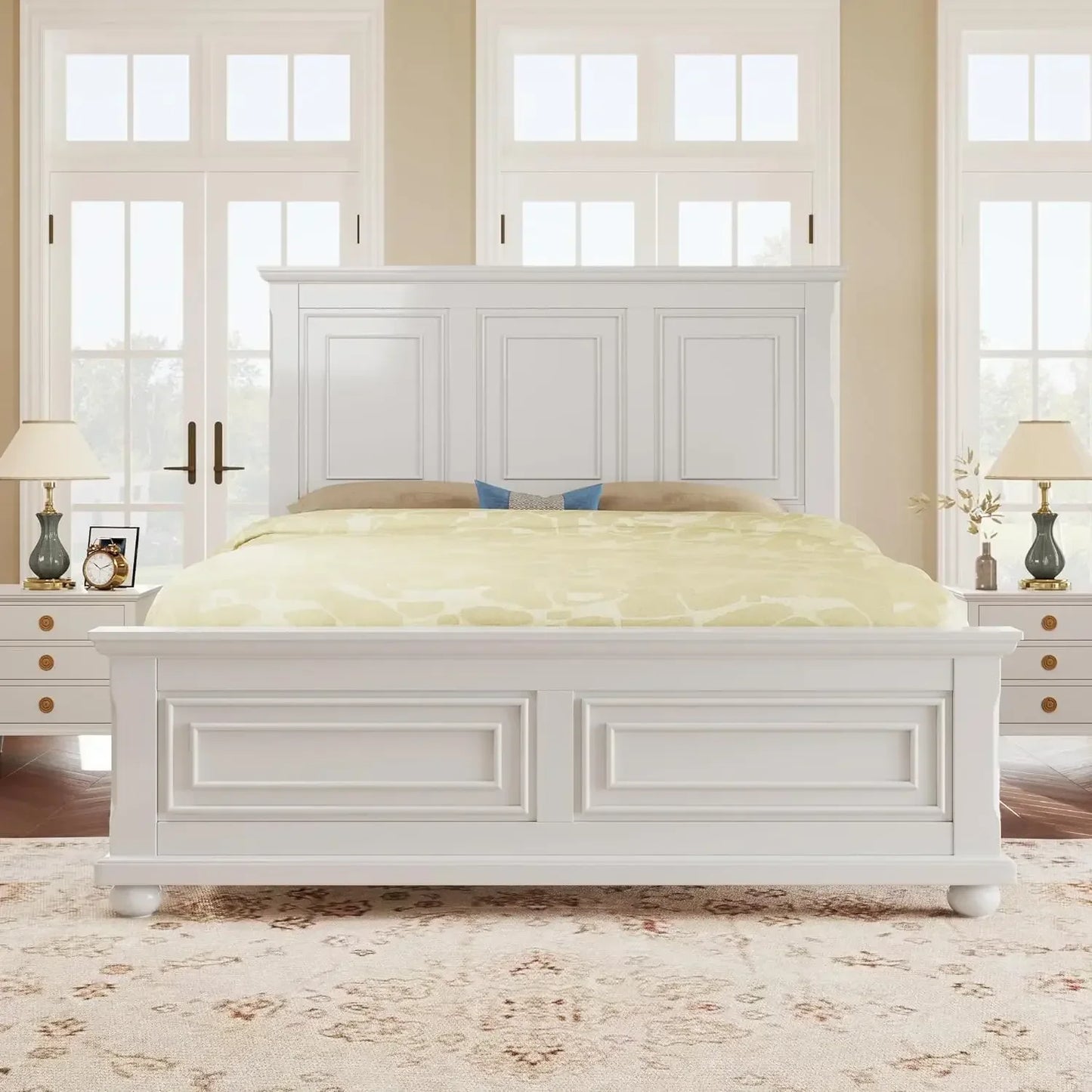 Platform Bed Queen Size with Tall Headboard & Footboard, Pinewood Queen Bed Frame with Wood Panel Bed Base, No Squeak