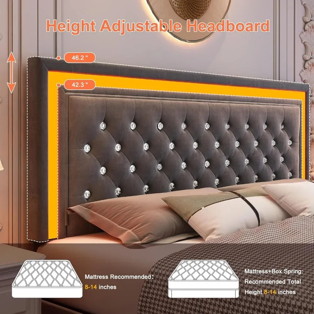 Bed Frame King Size or Queen Size with 4 Drawers  Adjustable Headboard, Wooden Slats, Diamond Stitched Button Tufted Design, Bedroom Bed Frames