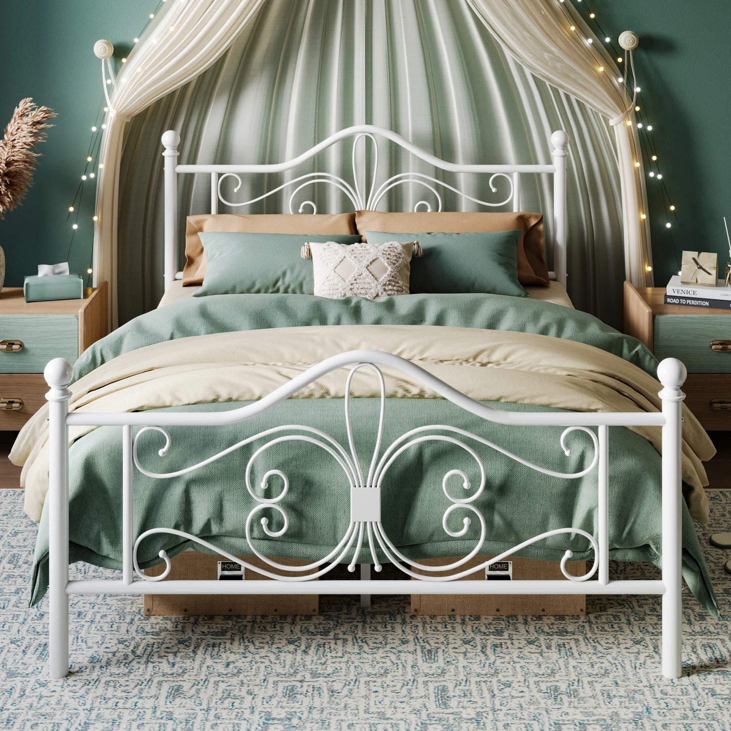 Bed Frame Queen Size or Full Size or Twin Size, Platform Metal Bed Frame with Butterfly Pattern Design Headboard & Footboard Alleiwe