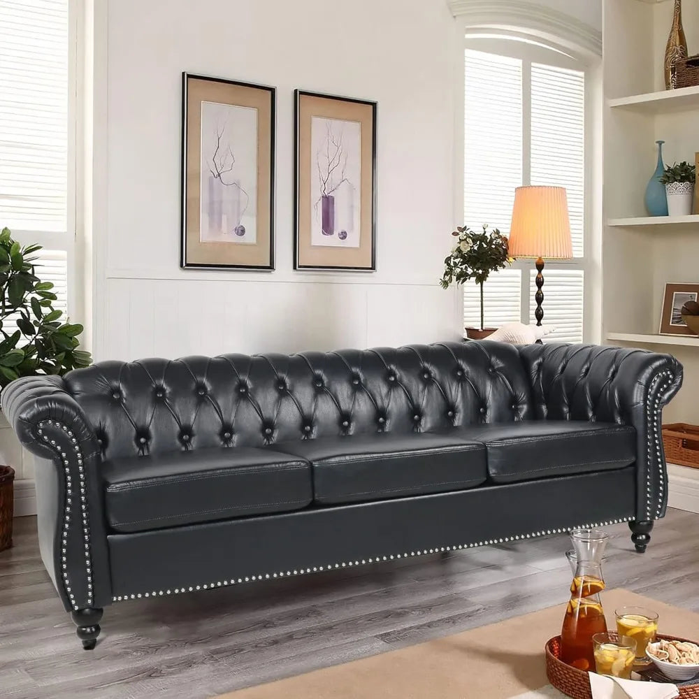 Living Room Couch or Loveseat or Chair, 84" Upholstered Tufted Couch 3 Seater or Loveseat or Chair with Rolled Arms and Nailhead for Living Room, Bedroom, Leather Sofa