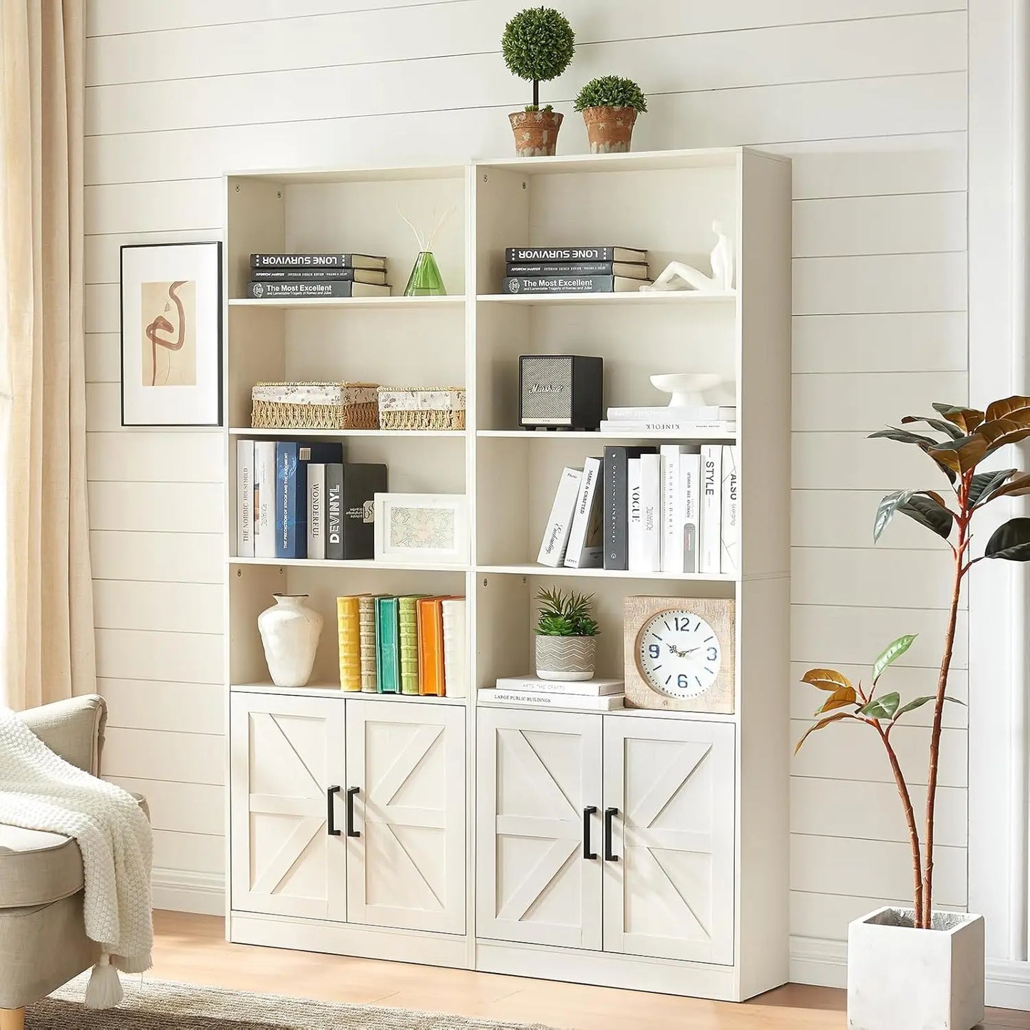 Bookshelf 70in Tall, 6 Tier Bookcase with Barn Doors and Adjustable Shelf, Green Farmhouse Book Shelves Storage Cabinet