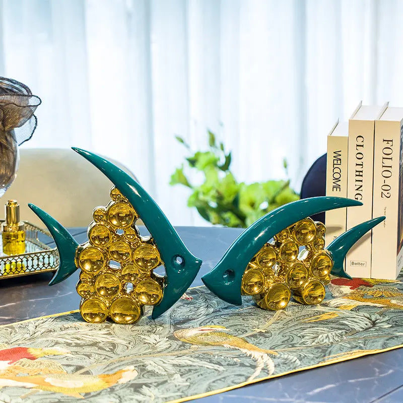 Modern Golden Green Bubble Fish Ceramic Accessories Home Livingroom Desktop Figurines Decoration Coffee Table Furnishing Crafts