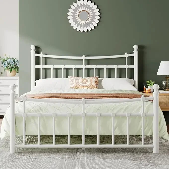 Bed Frame Queen Size with 14 Steel Slats Support, Iron-Art Headboard and Footboard, 14 Inch Metal Platform Bed Frame