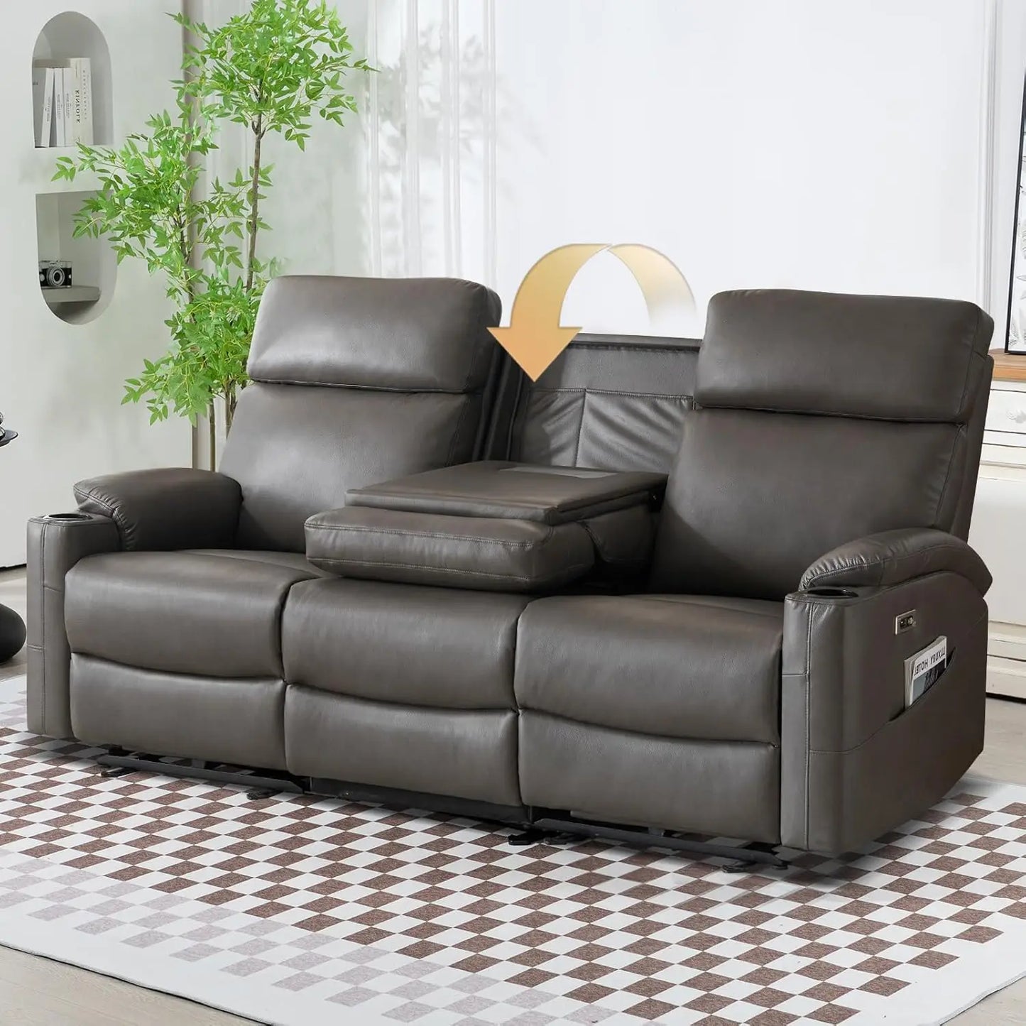 Living Room Reclining Sofa, 3-Seater Recliner Sofa, PU Leather, Home Theater Seating with Flipped Middle Backrest, Power Reclining Couch