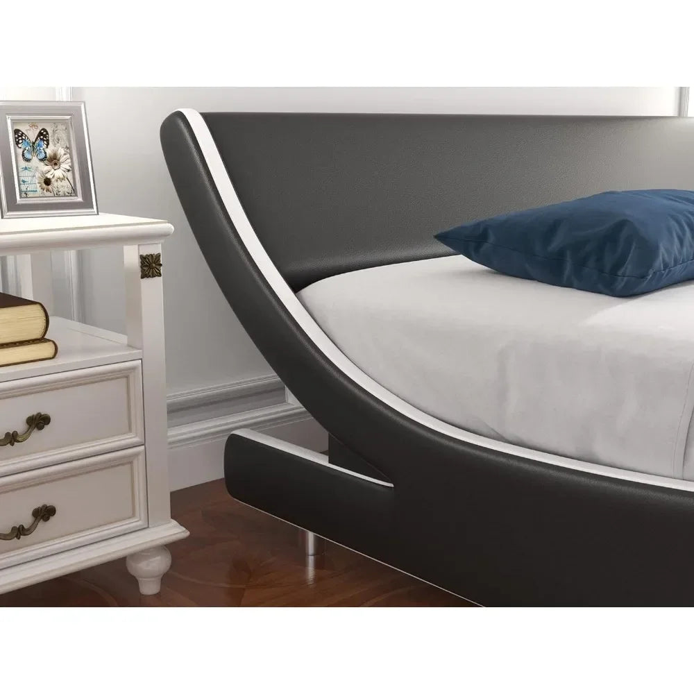 Soft padded oversized platform King Size bed frame, sled bed, artificial leather headboard, wooden board support, easy to assemble