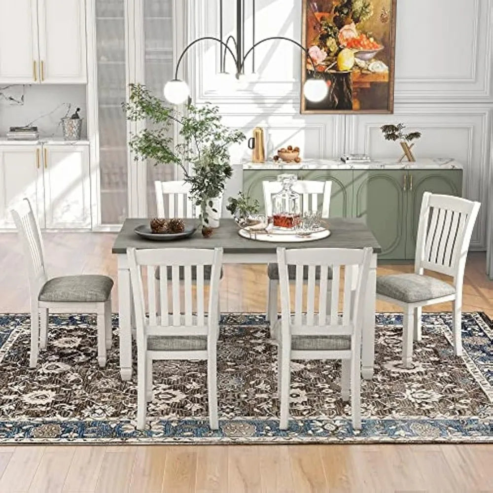 Dining Room Table Set 7-Piece, Dining Table and 6 Upholstered Chairs with Shaped Legs, Dining Room Set, for Living Room, Gray+White