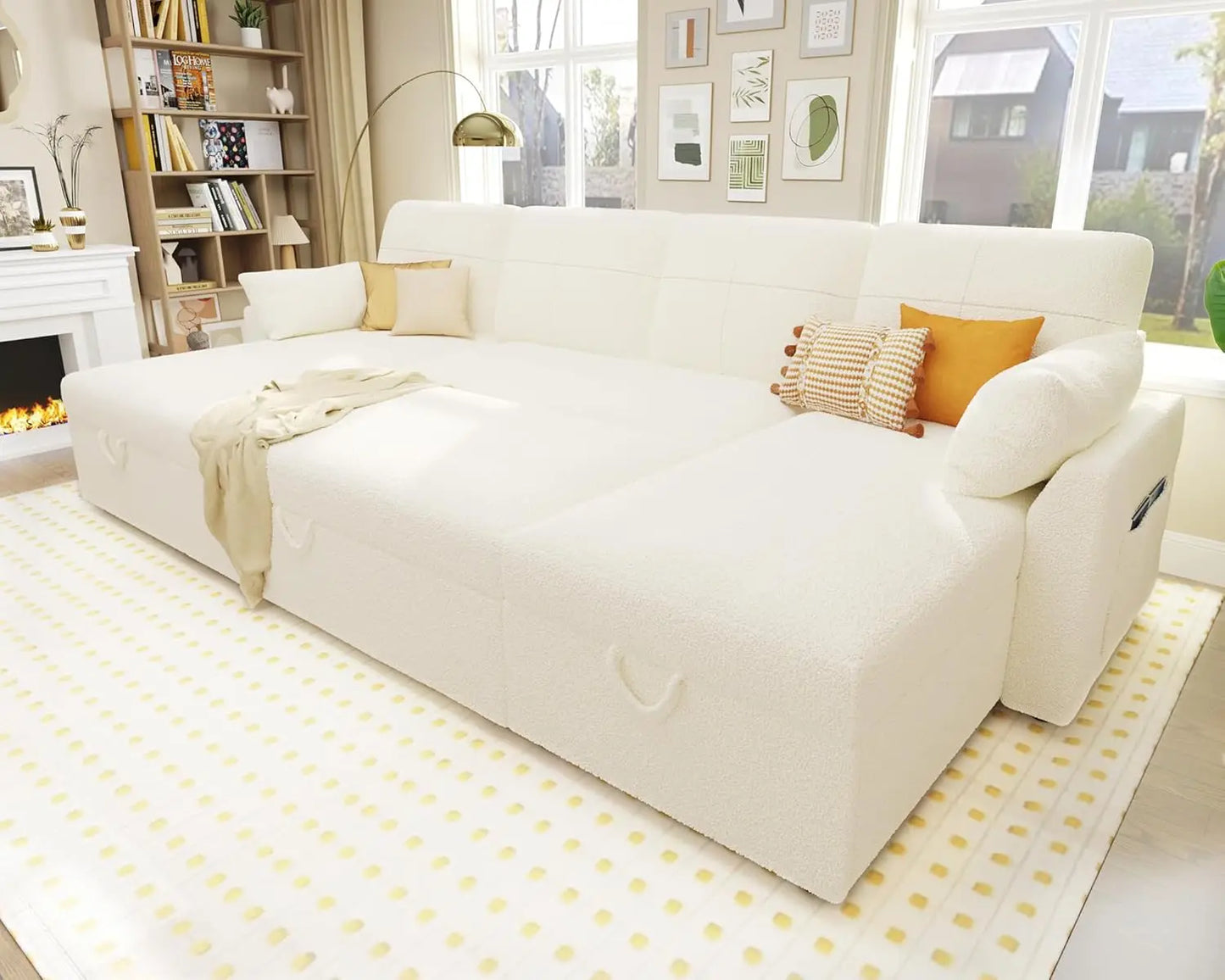 Living Room Sleeper Sofa with Double Storage Chaise for Living Room, White Boucle Couch