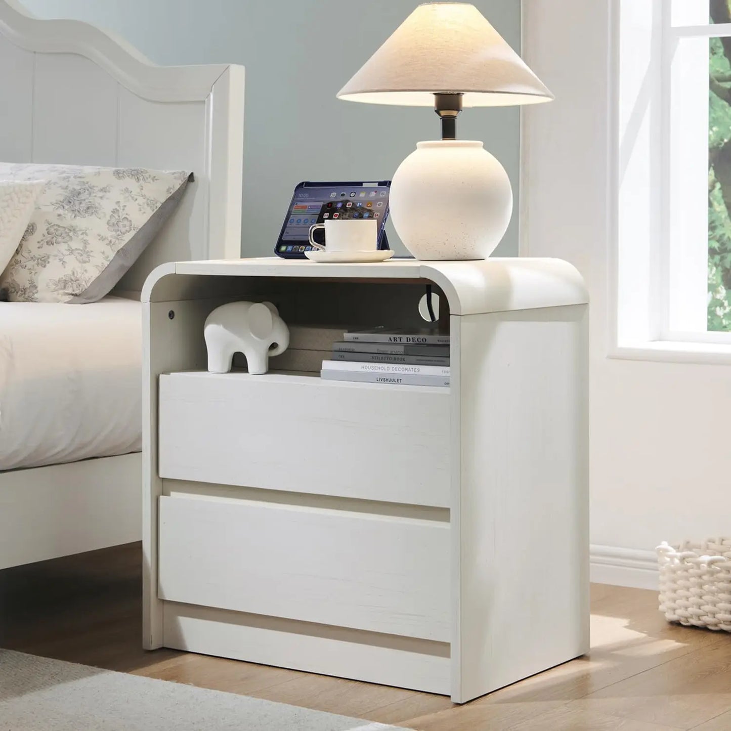 Modern Nightstand with Charging Station, 23.6'' Wide Wood Bedside Table w/2 Storage Drawers, for Bedroom, Living Room 25" Tall