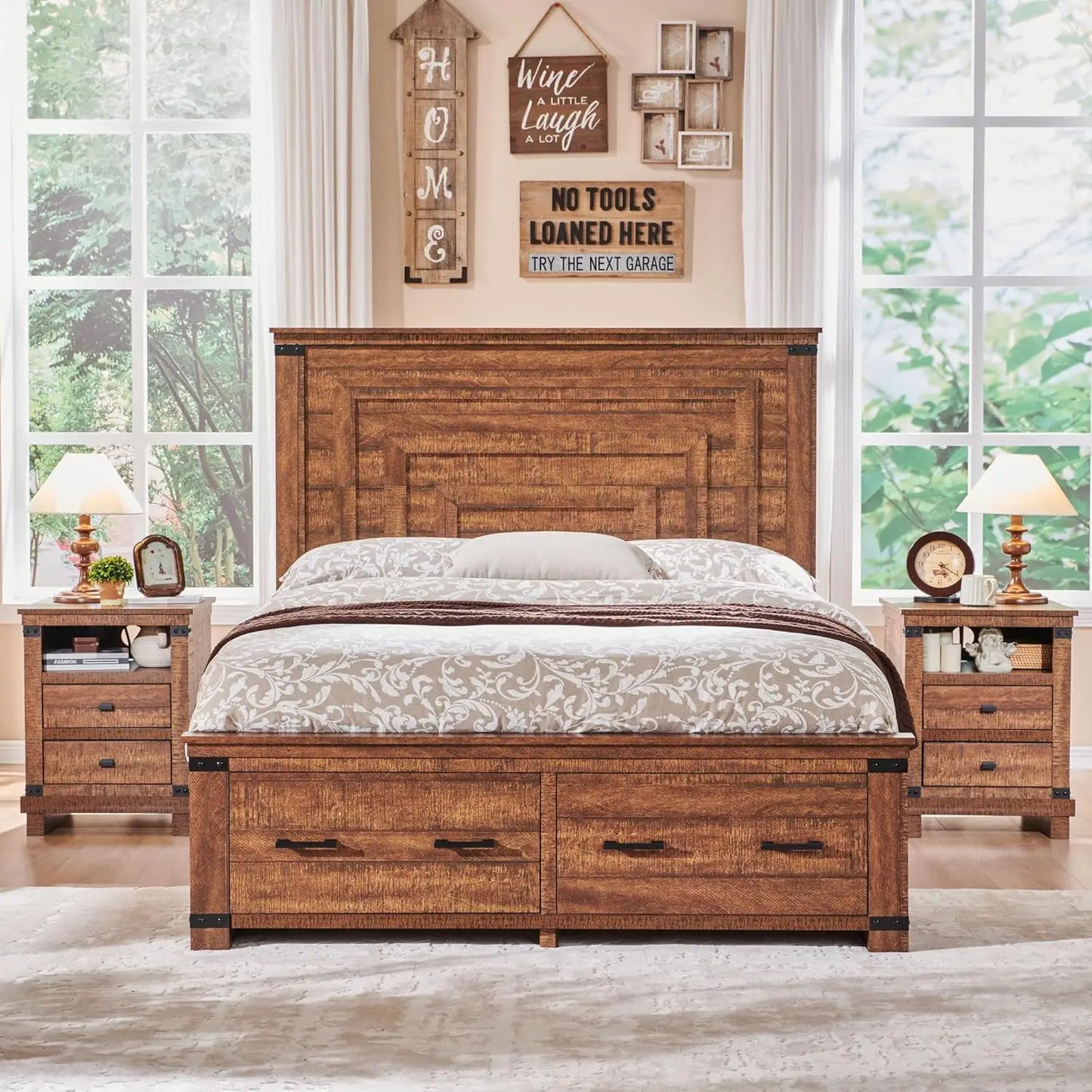 Bed Frame Queen or Full Size with 54" Tall Geometric Headboard, 2 Large Storage Drawers, Solid Wood Slats Support, Noise Free, No Box