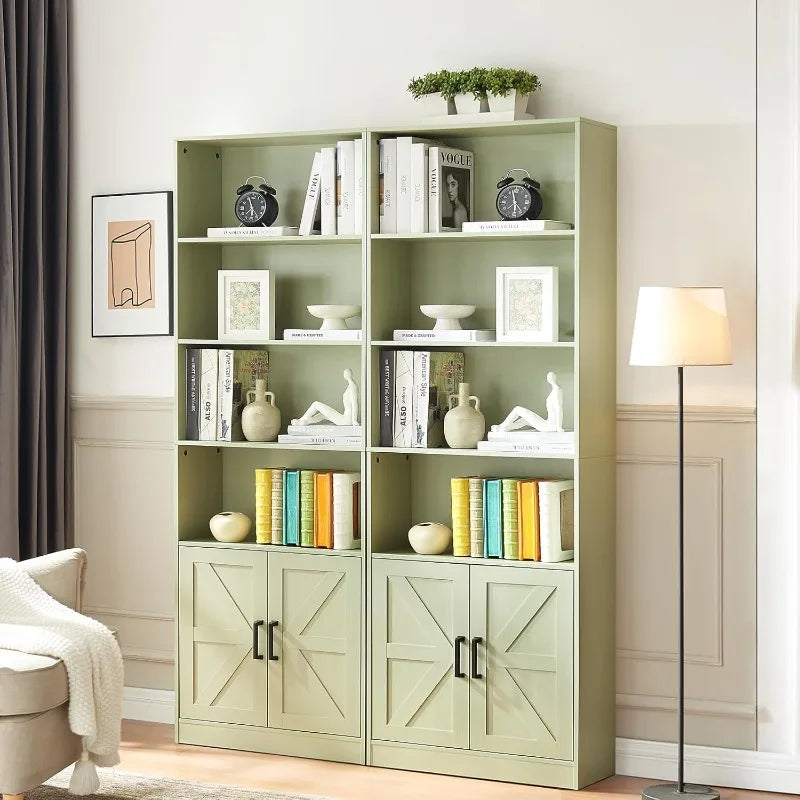 Bookshelf 70in Tall, 6 Tier Bookcase with Barn Doors and Adjustable Shelf, Green Farmhouse Book Shelves Storage Cabinet