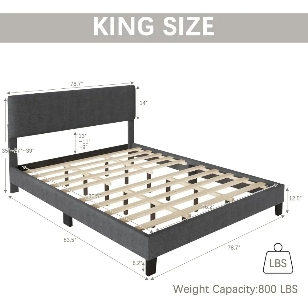 Bed Frame King Size with Adjustable Headboard Upholstered Platform Linen Fabric Headboard Wooden Slats Support Grey Bed Frame