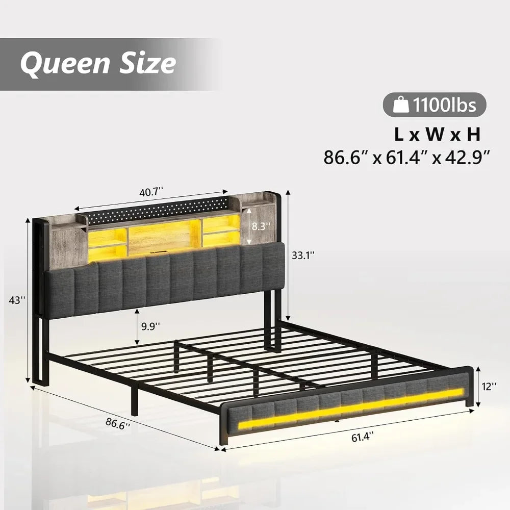 Bed Frame Queen Size with Storage Bookcase Headboard & LED Lights, Upholstered Bed Frame Queen Size with USB Charging Station